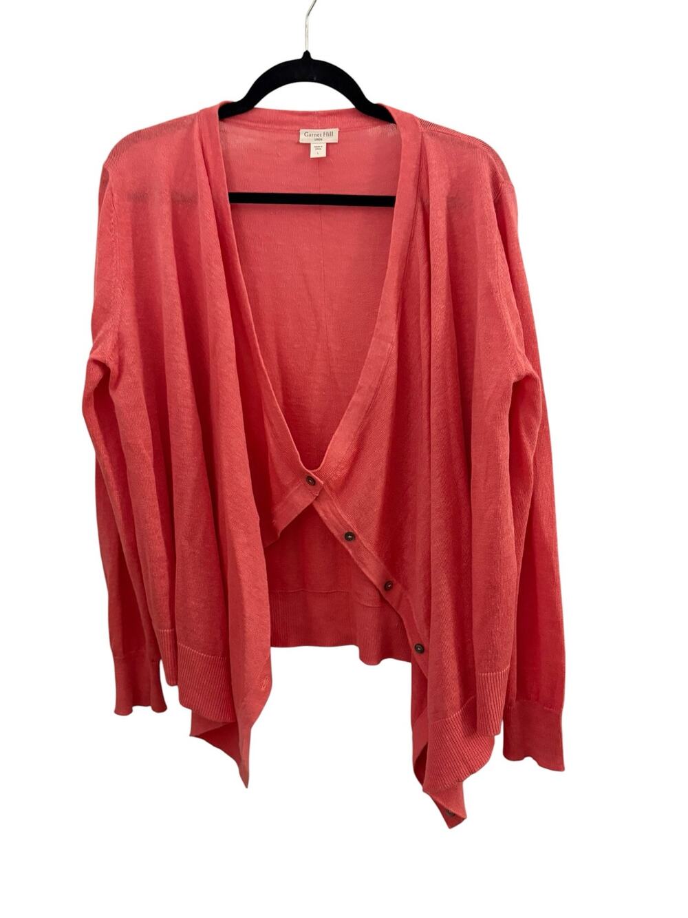 Garnet Hill 100% Linen Cardigan Sweater Flowy Waterfall L Drapey Coral Classic